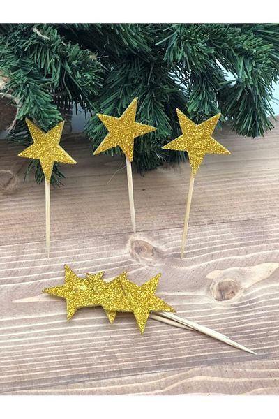 Masalsı Concept 10 Pieces Red Gold Star Motif - Glittered Eva Toothpick, New Year's Tableware Ornament