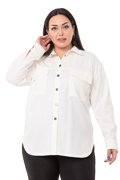 DISENTIS MODEST Plus Size Flap Pocket Snap Gabardine White Jacket Shirt