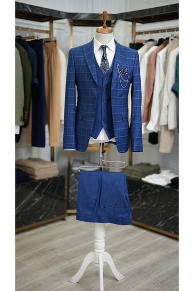 LONATOLİA Men's Plaid Suit Italian Cut Jacket Vest Trousers Slim Fit - Navy Blue