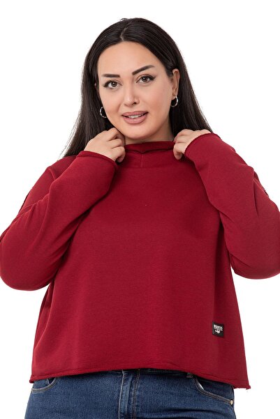 DISENTIS MODEST Plus Size Hooded Low Sleeve Filthy Stitched Three Thread Claret Red Sweatshirt