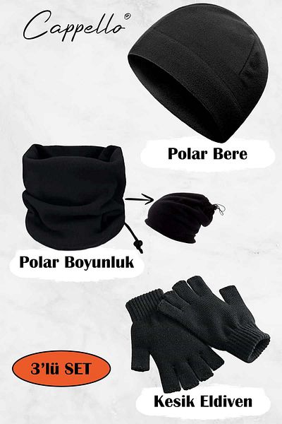cappello Unisex Polar Beanie Fleece Neck Collar Cut Gloves Black Set of 3 Cap3luset