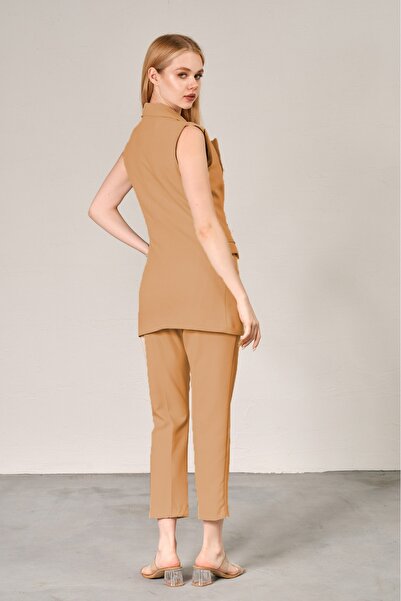 diaves Camel Blazer Yelek Boru Paça Pantolon Atlas Kumaş Takım Elbise