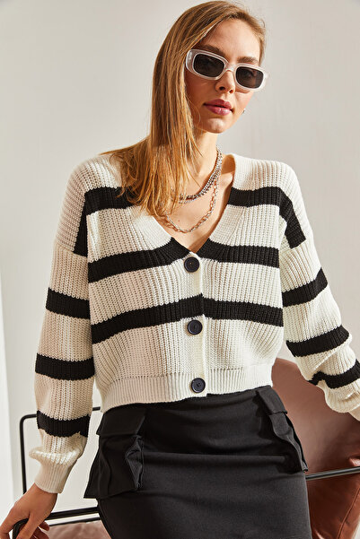 Bianco Lucci Dámský proužkovaný pletený svetr na tři knoflíky
