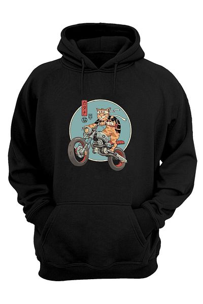 THEWERT Hanorac unisex, negru, cu imprimeu cu pisici cu motor, cu croială obișnuită
