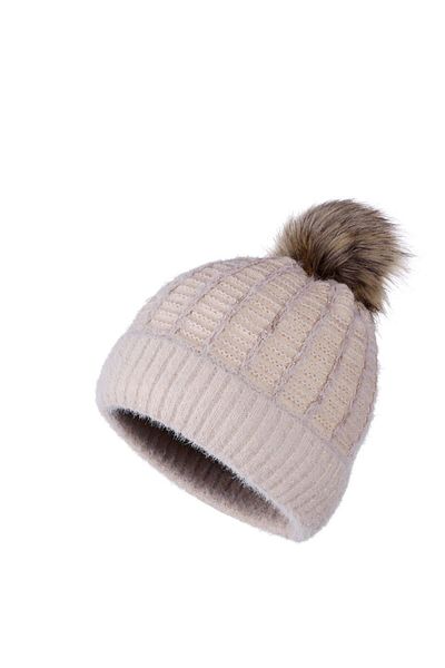 novon Beretă Latte Fur Pompom cu sclipici și dungi Soft Touch