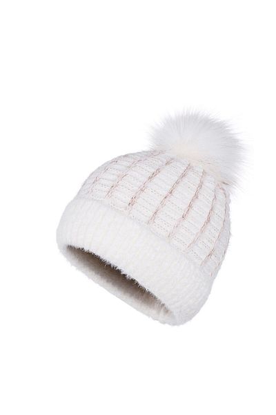 novon Beretă Latte Fur Pompom cu sclipici și dungi Soft Touch