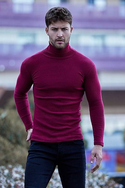 Buteks Pulover unisex premium gros burgundy, slim, cu guler roscat
