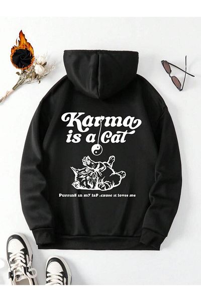AEMİ Unisex Karma Is A Cat Back Φούτερ με στάμπα με κουκούλα