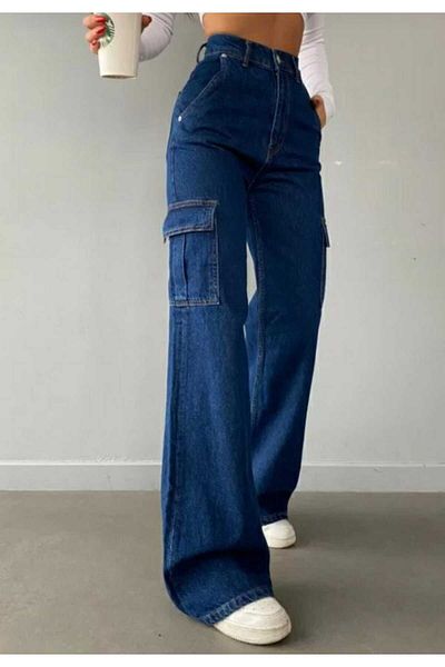 Livik High Waist Dark Blue Back Pocketless Cargo Pants