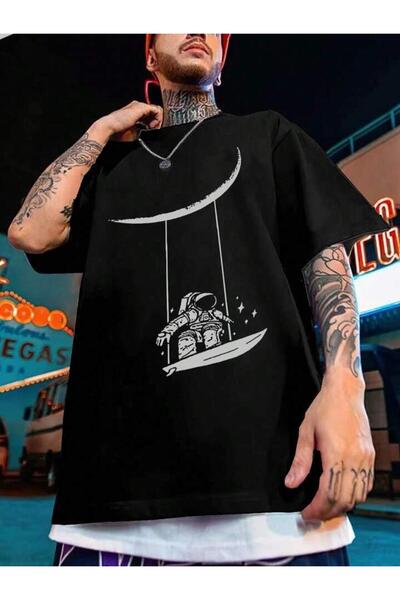 AEMİ Unisex Astronaut Space Štampano Crna Oversize kroj T-shirt