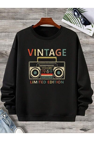 AEMİ Unisex Vintage-Radio Štampano okrugla kragna Crna Oversize kroj majica