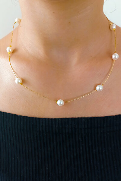 Women Pearl Necklace , Single Pearl Necklace , Inline Pearl Necklace , Pearl Choker , Steel Chain Necklace