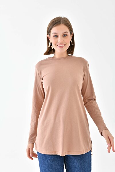 mirach Basic Жіноча туніка - Бежева туніка з велосипедним коміром, вільного крою, з довгим рукавом і коміром-стійкою