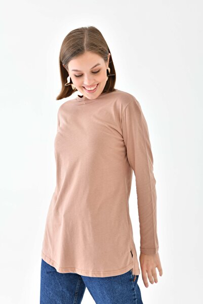 mirach Basic Жіноча туніка - Бежева туніка з велосипедним коміром, вільного крою, з довгим рукавом і коміром-стійкою