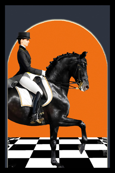 Harikabirev HARİKABİREV|KADIN JOKEY-SİYAH BEYAZ TURUNCU |ÇERÇEVELİ TEMPERLİ CAM TABLO TEKLİ DİKEY