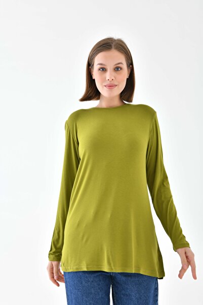 mirach Klas Basic Жіноча туніка - Оливкова туніка з велосипедним коміром, вільного крою, з довгим коміром