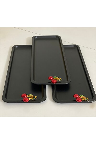 Elzem SİYAH RENK DİKDÖRTGEN MODEL 3 LÜ SUNUM TEPSİSİ KİRAZ AKSESUARLI