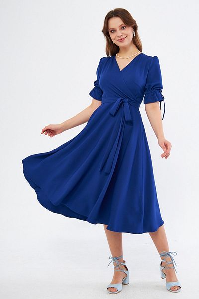 Bidoluelbise Sax Blue Double Breasted Collar Gathered Short Sleeve Sleeves Elastic Belted Midi Length Dress