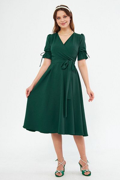 Bidoluelbise Emerald Double Breasted Collar Gathered Short Sleeve Sleeves Elastic Belted Midi Length Dress