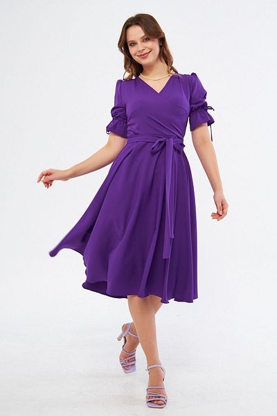 Bidoluelbise Purple Double Breasted Collar Gathered Short Sleeve Sleeves Elastic Belted Midi Length Dress