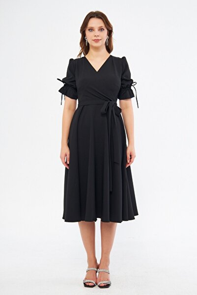 Bidoluelbise Siyah Kruvaze Yaka Büzgülü Kısa Kol Kolları Lastikli Kuşaklı Midi Boy Elbise