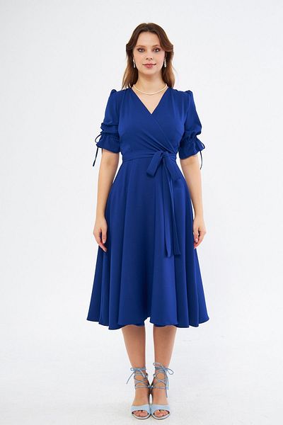 Bidoluelbise Sax Blue Double Breasted Collar Gathered Short Sleeve Sleeves Elastic Belted Midi Length Dress