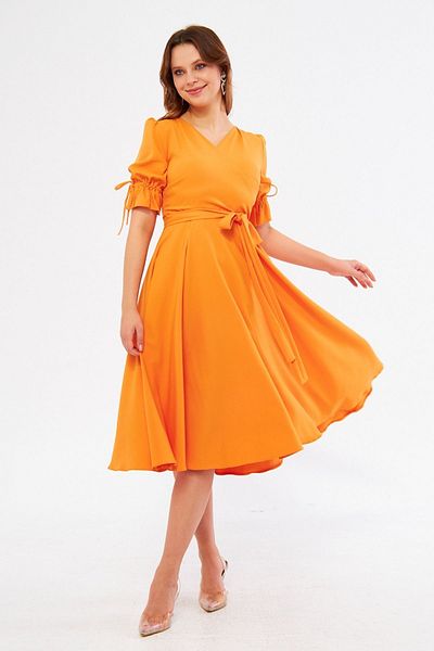 Bidoluelbise Orange Double Breasted Collar Gathered Short Sleeve Sleeves Elastic Belted Midi Length Dress