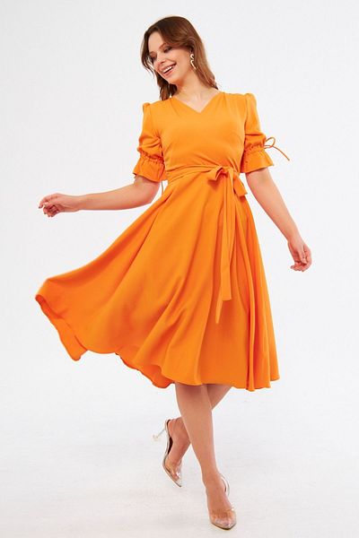 Bidoluelbise Orange Double Breasted Collar Gathered Short Sleeve Sleeves Elastic Belted Midi Length Dress