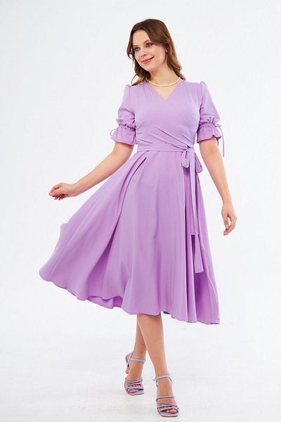 Bidoluelbise Lilac Double Breasted Collar Gathered Short Sleeve Sleeves Elastic Belted Midi Length Dress