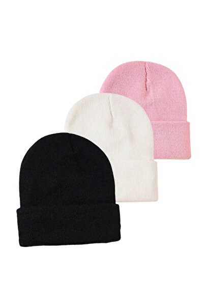 Pimody Set beanie unisex pliat negru, crem, roz, 3 piese