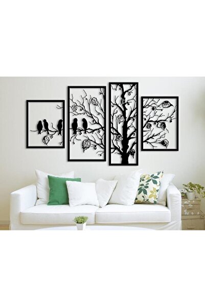 NT Handmade Siyah Ahşap 4 Parça Kuşlu Ağaç Duvar Dekoru - Salon Oturma Yatak ...