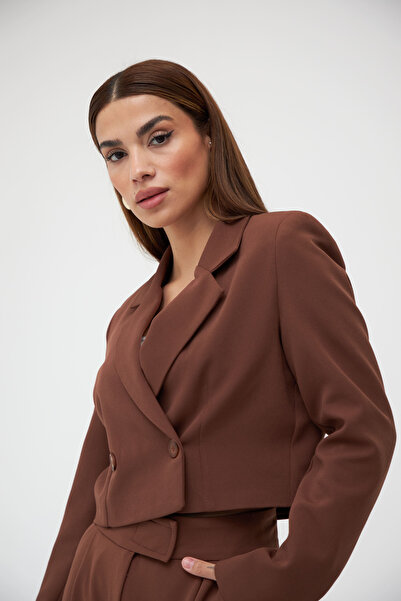 Laluvia Brown Double Breasted Crop Jacket