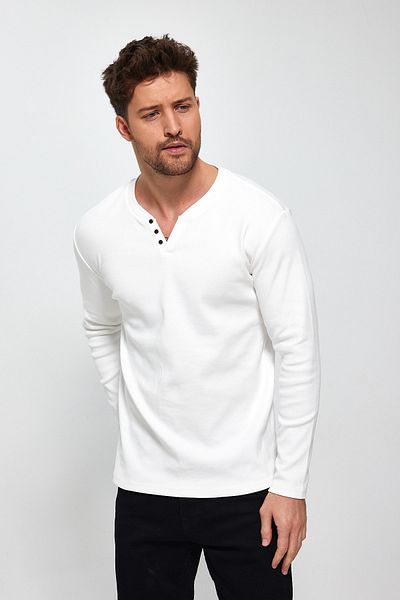 VERDONE New Season V-Cut Regular Fit Buttoned 100% Organic Cotton White Sweater