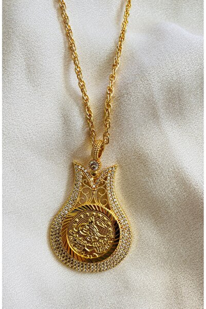 xesha Taşlı Lale Tuğralı Altın Kaplama Kolye Hasır Zincir Madalyon Kolye