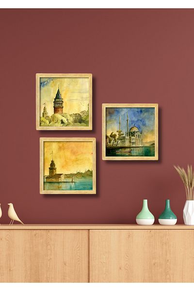 NT Handmade Set de pictură 3 bucăți cu aspect de perete Istanbul pentru living, dormitor, birou, 15x15