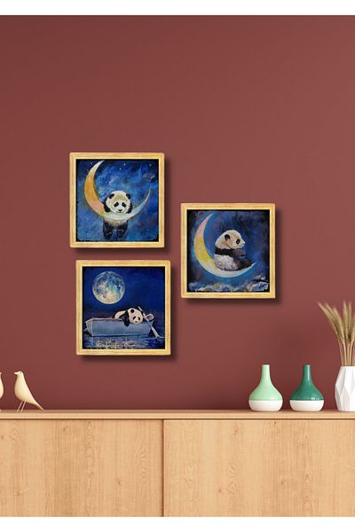 NT Handmade 3 Pieces Frame Look Panda Wall Decor 15X15 Painting Set for Living Room Living Bedroom Office