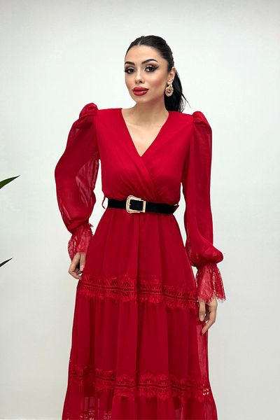 giyimmasalı Chiffon Fabric Lace Detailed Dress - RED