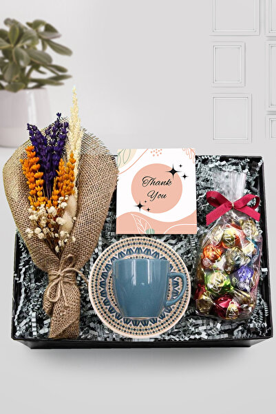 Trendmiya Mavi Türk Kahvesi Fincanı & Lavi Çikolata & Kurutulmuş Çiçek Hediye...