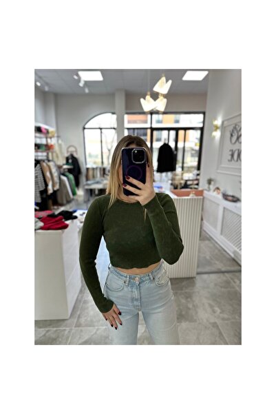 Dilvin Soluk Efektli Bisiklet Yaka Crop Kazak