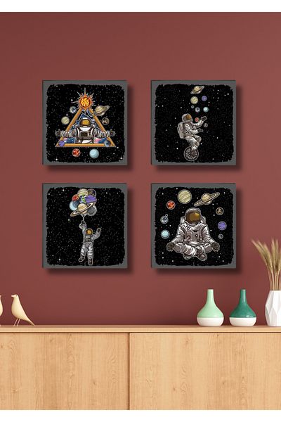 NT Handmade 4 bucăți cadru cu aspect astronaut decor de perete pentru hol living dormitor birou set de pictură 15x15