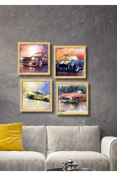 NT Handmade Set de pictură decorativă de perete pentru mașină retro cu aspect de cadru din 4 piese pentru hol, dormitor, birou