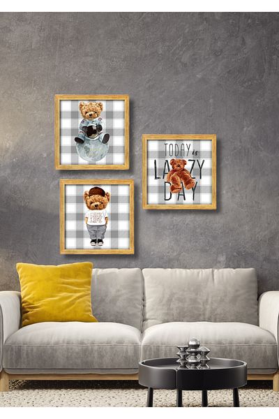 NT Handmade Set de pictură decorativă de perete cu ursuleț de pluș cu cadru de 3 piese pentru dormitor pentru copii