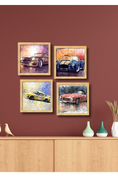 NT Handmade Set de pictură decorativă de perete pentru mașină retro cu aspect de cadru din 4 piese pentru hol, dormitor, birou