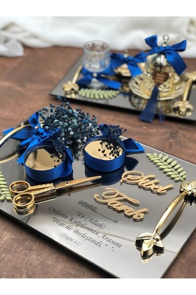 Denseden Set de tavă pentru ceașcă de cafea din sticlă, dreptunghiulară, pentru logodna și mire, cu suport pentru inele, foarfece, ceașcă pentru cafea