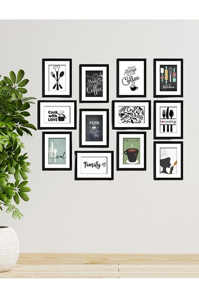 NT Handmade Set de pictură decorativă de perete Cook With Love, 12 bucăți, cu cadru negru, pentru conceptul de bucătărie