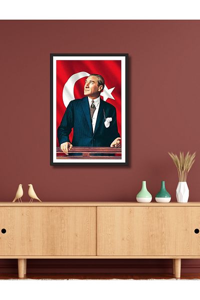 NT Handmade Decorație de perete cu steagul turcesc Ataturk cu cadru negru pentru living dormitor 20x30 pictură