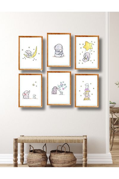 NT Handmade Rama din lemn aspect 6 piese elefanți drăguți decor de perete pictură MDF pentru dormitor pat copii