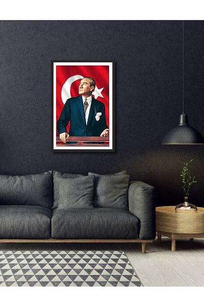 NT Handmade Decorație de perete cu steagul turcesc Ataturk cu cadru negru pentru living dormitor 20x30 pictură