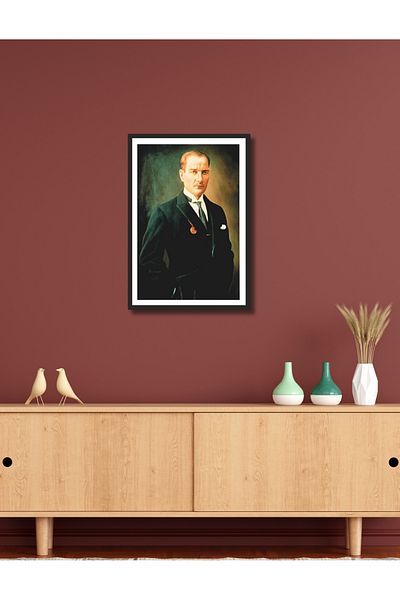 NT Handmade Decor de perete Ataturk cu cadru negru 20x30 Pictură pentru living dormitor