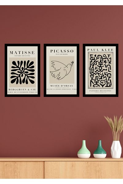 NT Handmade Decor de perete Matisse din 3 piese cu aspect de cadru negru - Pictură 20x30 cm pentru living dormitor